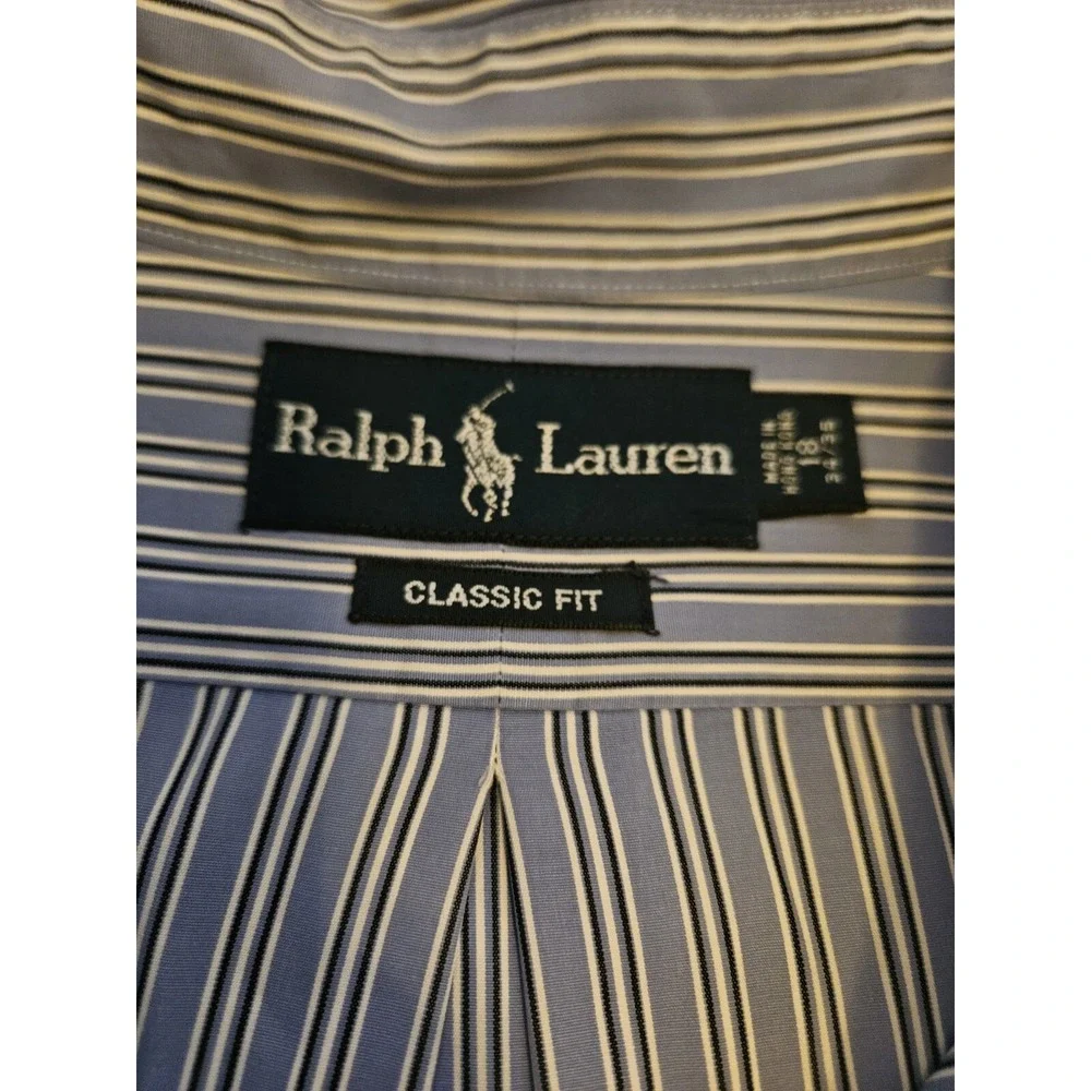 Ralph Lauren Button Down Mens 18 34/35 Blue Striped Classic Fit Cotton Shirt